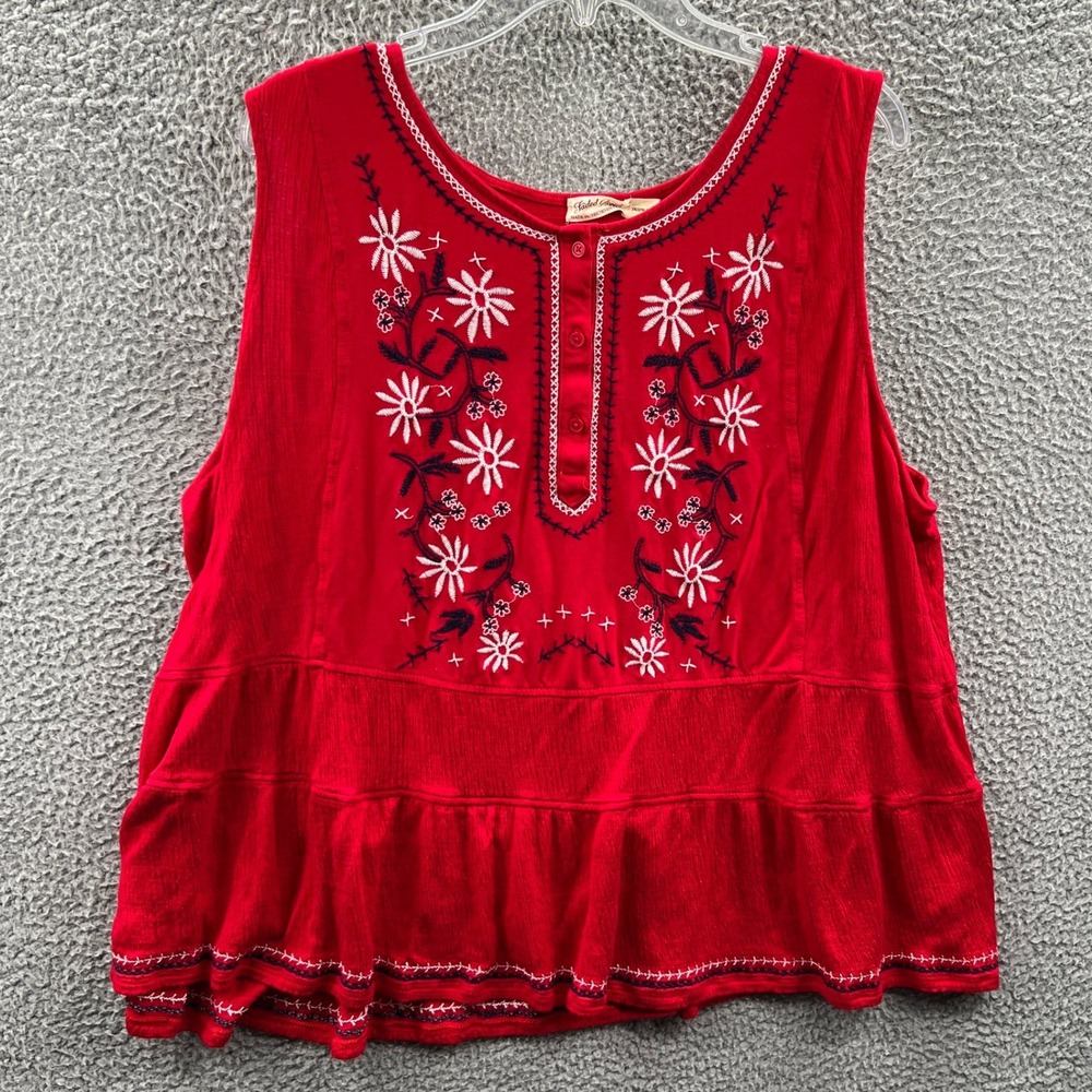 Women Boho Sleeveless Top 3X Red Indie Floral Embroidered Peplum Tiered Festival